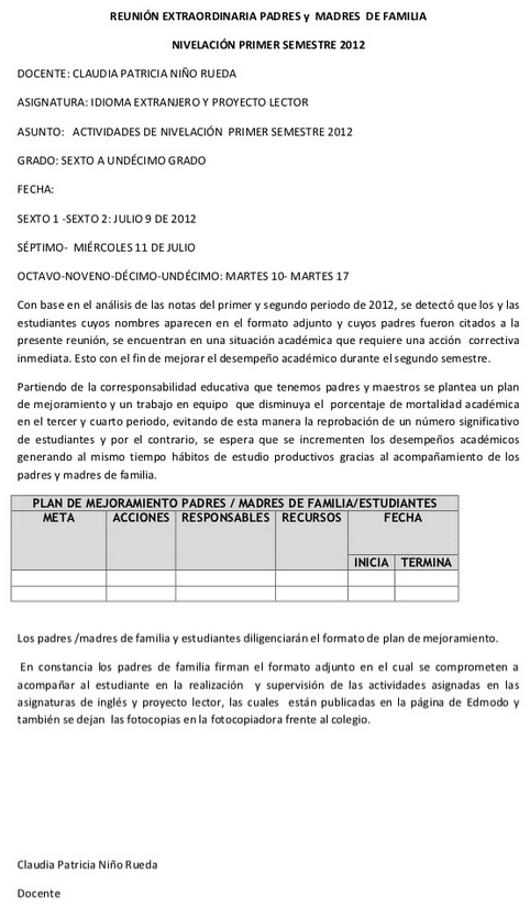 Modelo de acta para reunión de padres